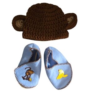 Handmade Infant Newborn Monkey Fabric Shoes and Knit Hat